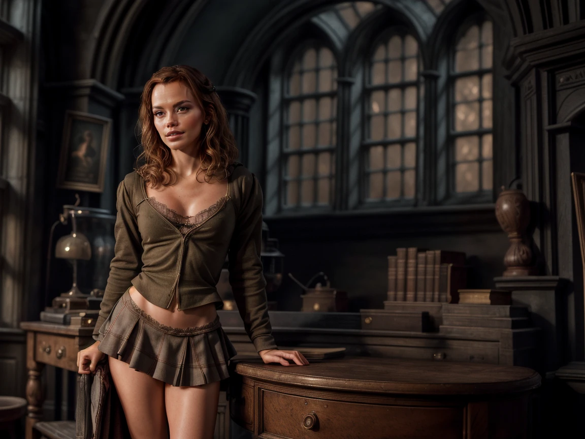 photo of beautiful Emma Watson as hermione granger (Ermione), gorgeous woman, in hogwart  uniform, sluty uniform, huge breasts, fake breasts, breast implants, perky bust, large cleavage, in hogwart slytherin dormitory, full length shot, modelshoot style, (extremely detailed CG unity 8k wallpaper), professional majestic (photography by Steve McCurry), 8k uhd, dslr, soft lighting, high quality, (film_grain:1.2), Fujifilm XT3 High Detail, dramatic, (looking at viewer:1.2), (detailed pupils:1.3), (natural light), (((full body shot:1.3))), perfect body, beautiful face, long hair, very detailed eyes, intricate details in eyes, puckered lips, perfect fit body, wide hips, small waist, thick thighs, firm abs, beautiful body, platform high heels, extremely detailed, intricate details, highly detailed, detailed skin, realistic skin texture, texture, detailed eyes, maximum detail, roughness, real life, ultra realistic, photorealism, photography, absurdres, RAW photo, highest quality, high detail RAW color photo, professional photo, highres, super detailed, 