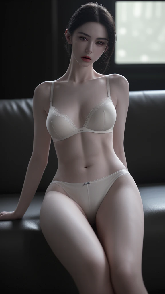 a very thin woman with visible bones, pale white skin, sweaty body, sitting on a sofa wearing panties and bra, full body view, tatto, (best quality,4k,8k,highres,masterpiece:1.2),ultra-detailed,(realistic,photorealistic,photo-realistic:1.37),HDR,UHD,studio lighting,ultra-fine painting,sharp focus,physically-based rendering,extreme detail description,professional,vivid colors,bokeh,dark,moody,dramatic lighting