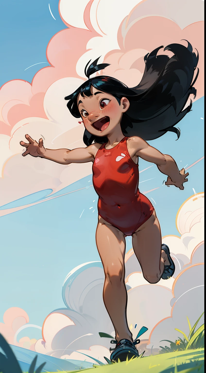 Lilo pelekai, long black hair, detailed eyes, 1girl,10s years,solo,smile,blush,(((hair 2antennas))), nude, detailed nipples,  detailed vagina,running,full body,open mouth,grass,blue sky,clouds,  short stature,  flat chest, perfect anatomy, 