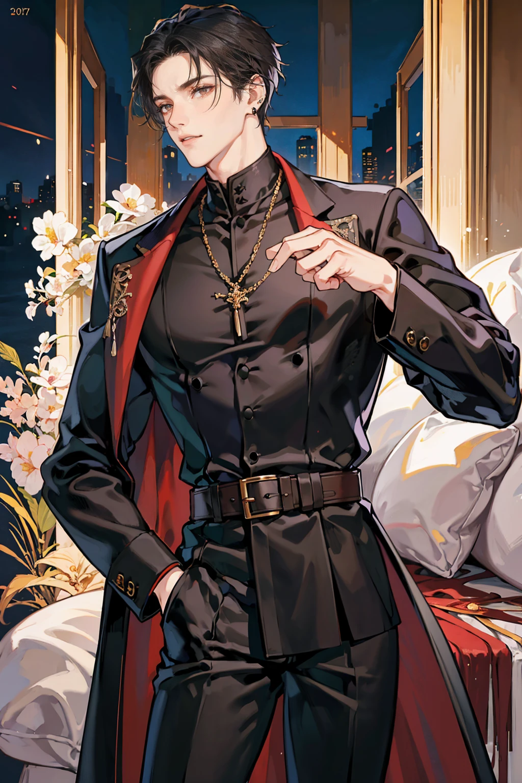 (masterpiece), Highest quality, Captivating eyes, Perfect Face, Handsome, Brown eyes, Long, slicked-back black hair, Long Nose, Brown Skin, Plain black turtleneck, Red coat, Black fitted pants, extremely Tall Man, Long legs, Long calves, whole body, Tall Man, Long legs, Anime Cover, One boy, Ear Piercing, Put your hands in your pockets, Mature appearance, Cafe Background
