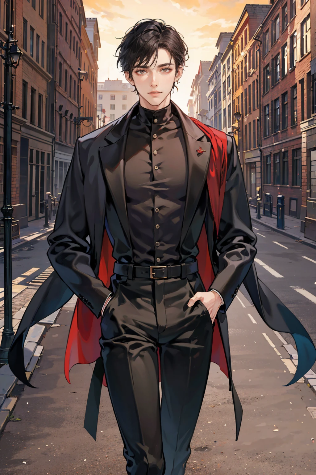 (masterpiece), Highest quality, Captivating eyes, Perfect Face, Handsome, Brown eyes, Long, slicked-back black hair, Long Nose, Brown Skin, Plain black turtleneck, Red coat, Black fitted pants, extremely Tall Man, Long legs, Long calves, whole body, Tall Man, Long legs, Anime Cover, One boy, Ear Piercing, Put your hands in your pockets, Mature appearance, Cafe Background

