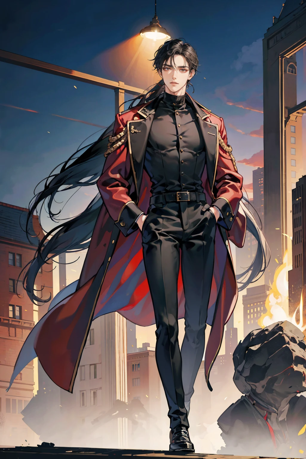 (masterpiece), Highest quality, Captivating eyes, Perfect Face, Handsome, Brown eyes, Long, slicked-back black hair, Long Nose, Brown Skin, Plain black turtleneck, Red coat, Black fitted pants, extremely Tall Man, Long legs, Long calves, whole body, Tall Man, Long legs, Anime Cover, One boy, Ear Piercing, Put your hands in your pockets, Mature appearance, Cafe Background
