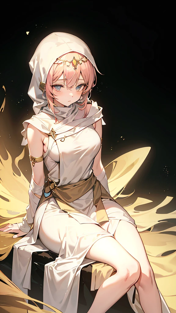 Create an anime-style image featuring a serene, composed female character with a soft and mysterious expression. She is wearing a light pink hijab that wraps around her head and shoulders, contrasting with her beige and brown attire. She is seated gracefully on a smooth surface, with her legs folded beneath her, and the folds of her clothing creating gentle curves. The background is dark and minimalistic, allowing the character to stand out, illuminated by a soft, ambient light. The overall mood of the image is calm and contemplative.
