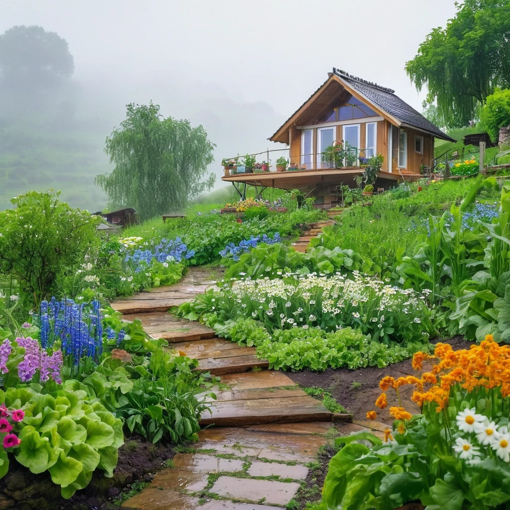 view from far, cottage, the sacred symbol of nature, A straw house on the hill (stilt house), garden around the house with vegetables, A pathway to the house with many flowers, white daisy, violets, bluebottles. In front of the house is a valley with vegetables. scenery, a rainy day