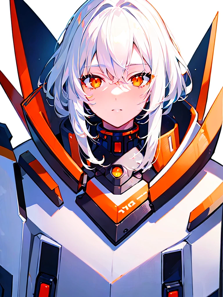 [(WHITE BACKGROUND:1.5),::5], ((((masterpiece)))), high quality, ultra very high resolution, full color, (((solo))), ((Mecha musume)), girl, ((WHITE hair)), orange streaked hair, (orange eyes), anime, ((upper body)), black parka, cyborg armor
