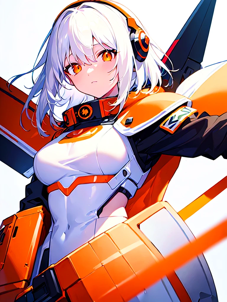 [(WHITE BACKGROUND:1.5),::5], ((((masterpiece)))), high quality, ultra very high resolution, full color, (((solo))), ((Mecha musume)), girl, ((WHITE hair)), orange streaked hair, (orange eyes), anime, ((upper body)), black parka, cyborg armor