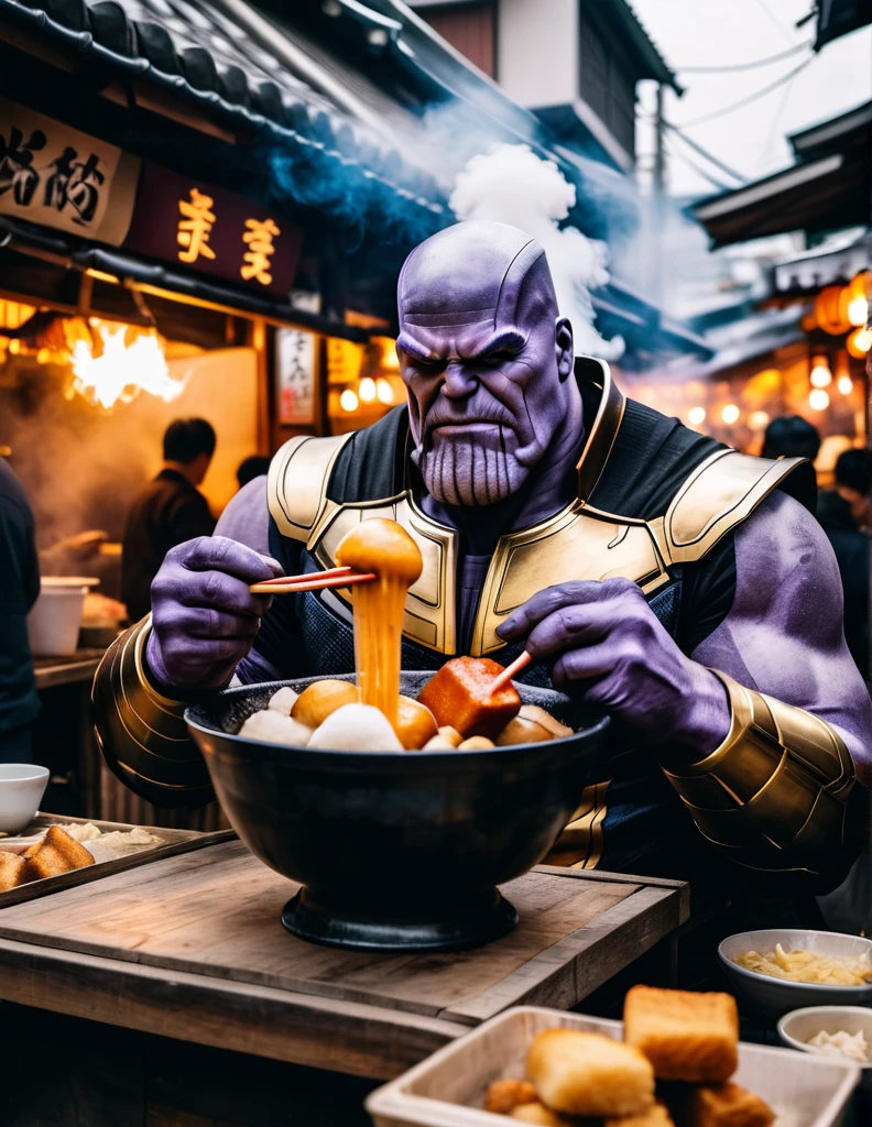 A cinematic picture of enigmatic figures perceived as Thanos eating a bowl of hot oden in Fukuoka street food marketplace with steam rising from the bowl
