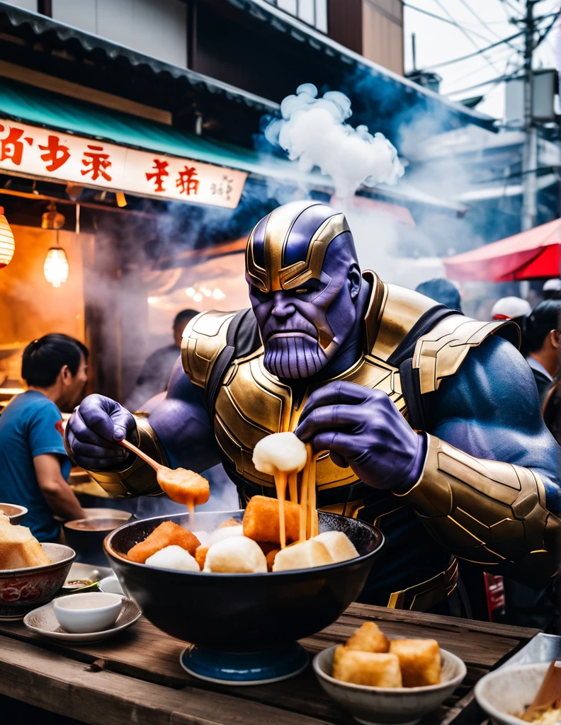 A cinematic picture of enigmatic figures perceived as Thanos eating a bowl of hot oden in Fukuoka street food marketplace with steam rising from the bowl