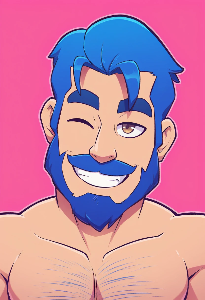 (resting on fruits) (Best Quality, 4k, 8k, high resolution, Masterpiece: 1.2), ultra detailed, Male portrait, medium closeup, very detailed face, detailed facial features, spectacular lighting, close-up, from above, anatomically correct, super detail, full blue beard and short blue hair, wink, smile, hairy chest,