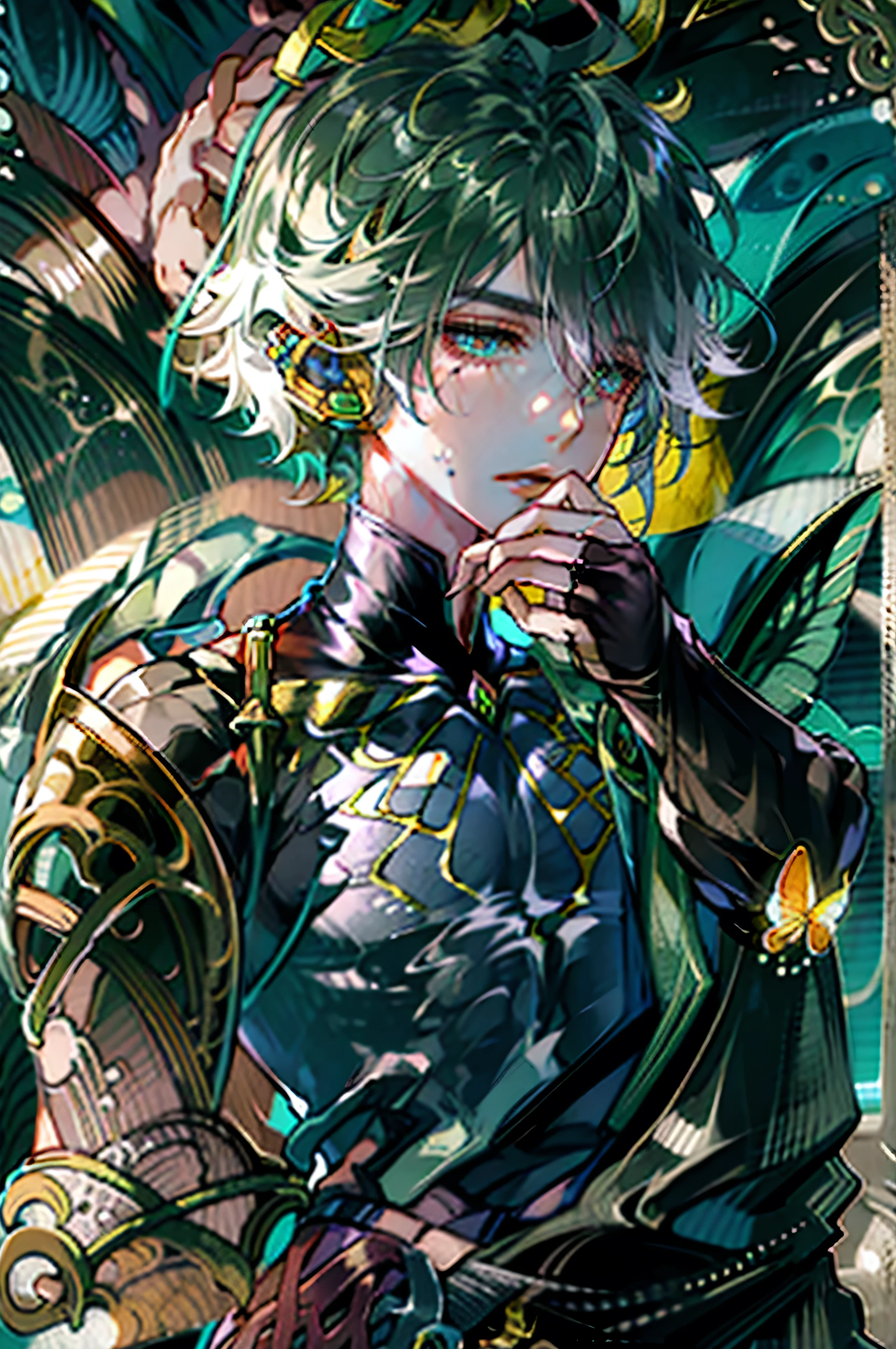 SHUTUMON
GARTER STRAPS
FEATHERED WINGS
SCARF, proportional eyes, (anime:1.5), sharp details, beautiful face, symmetrical eyes, short light blue hair, short hair, light blue hair, green eyes, man, high quality, (full body:1.3), ((Male Shutumon)), Purple clothes, Wings on head