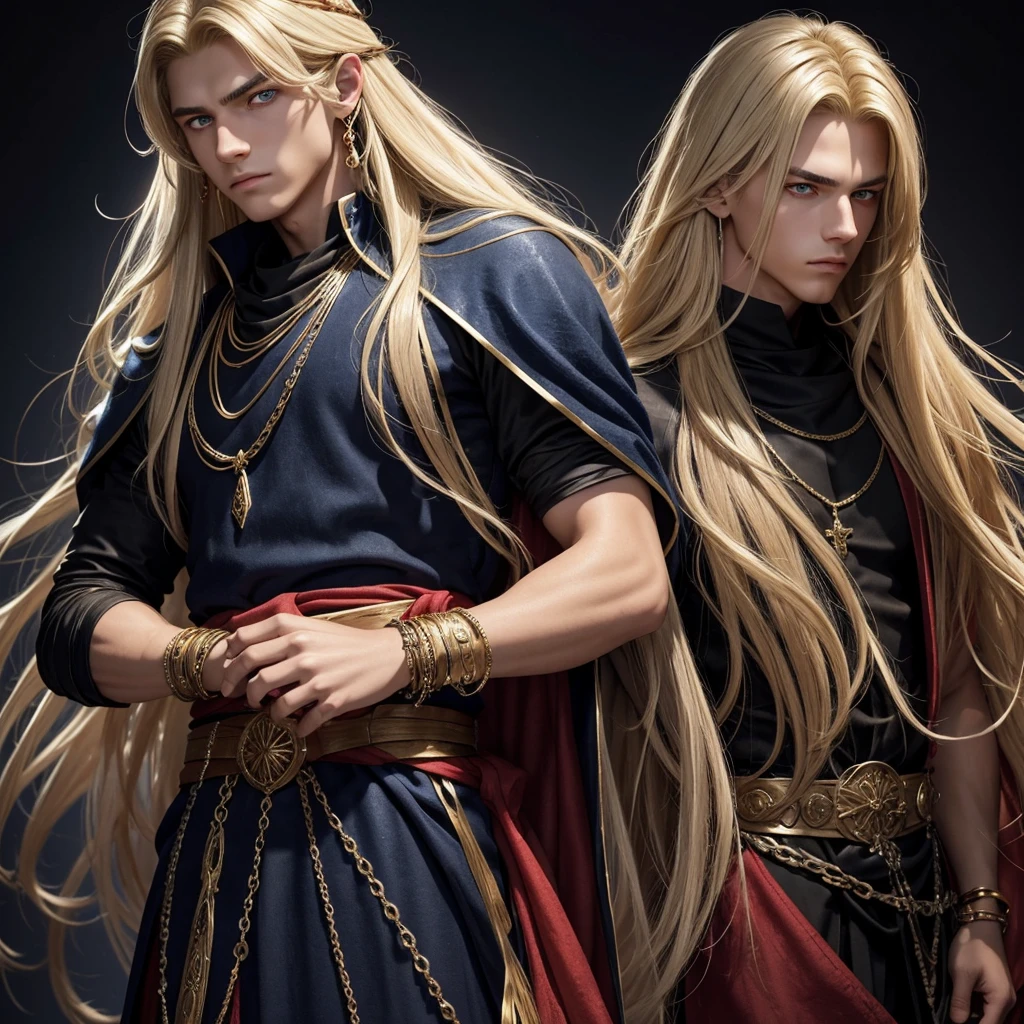 Create me a 17 year old male ager,  slightly long blonde hair with some white strands , golden eyes, a necklace with a blue stone and some details,  a black medieval outfit and some bracelet of many colors , a red cloth wrapped around the waist and a serious face that gives off an aura of someone good.