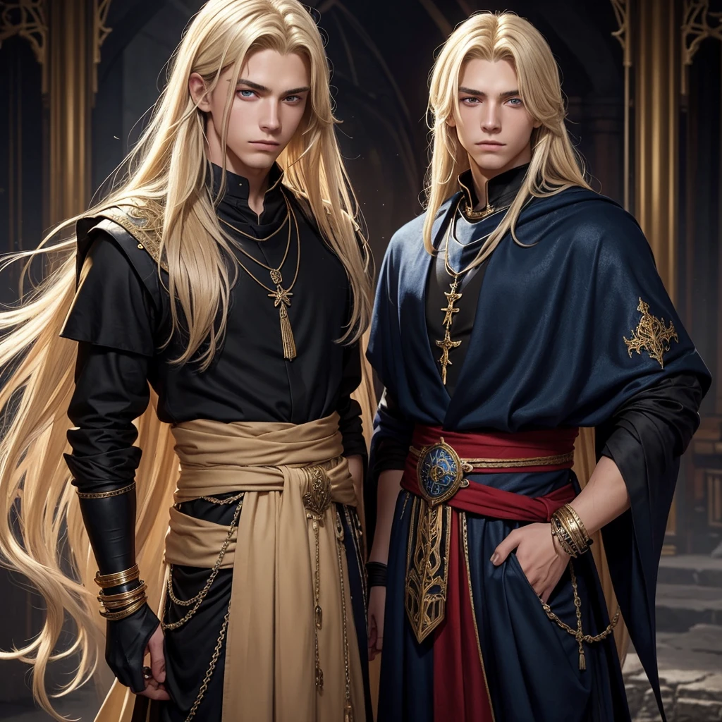 Create me a 17 year old male ager,  slightly messy blonde hair with some visible gray strands , golden eyes, a necklace with a blue stone and some details,  a black medieval outfit and some bracelet of many colors , a red cloth wrapped around the waist and a serene face that gives off an aura of someone good. I just want a teen alone, where there is a horse in the background 