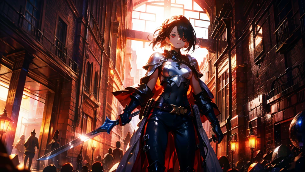 masterpiece, best quality, high quality, detailed, ultra detailed, hyper detailed, insanely detailed, exquisite, beautiful, FHD, Full-HD, 4K, 8K, 16K, highres, absurdres,Overall reddish black, ((1girl)), medium shot,mystic knight, serious look, sword fighting, covering one eye, black hair, red eyes, armor, long boots, with a sword, fantasy,hailoknight, holding sword, holding weapon,cowboy shot