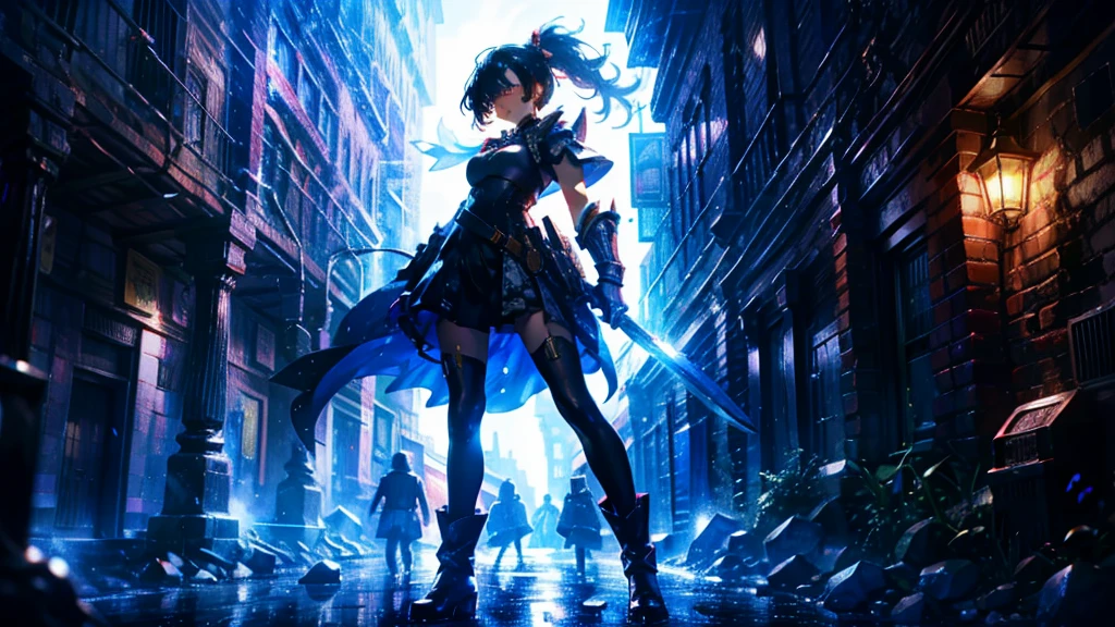 masterpiece, best quality, high quality, detailed, ultra detailed, hyper detailed, insanely detailed, exquisite, beautiful, FHD, Full-HD, 4K, 8K, 16K, highres, absurdres,Overall reddish black, ((1girl)), medium shot,mystic knight, serious look, sword fighting, covering one eye, black hair, red eyes, armor, long boots, with a sword, fantasy,hailoknight, holding sword, holding weapon,cowboy shot