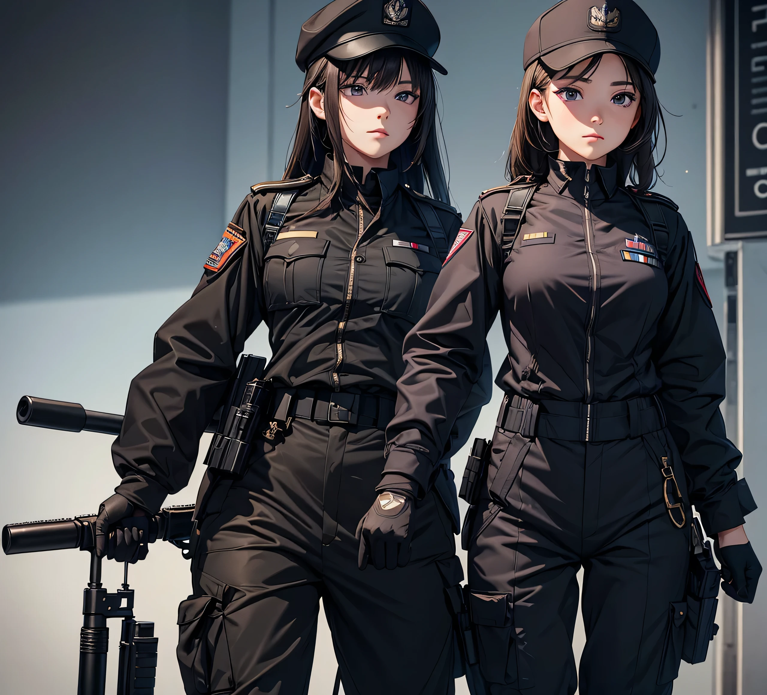a girl in military uniform of black violet , wearing a baseball cap, military pants, individual equipment suit, holding a gun on guard, writing detailed information, masterpiece, best quality, highly detailed CG, 8K resolution