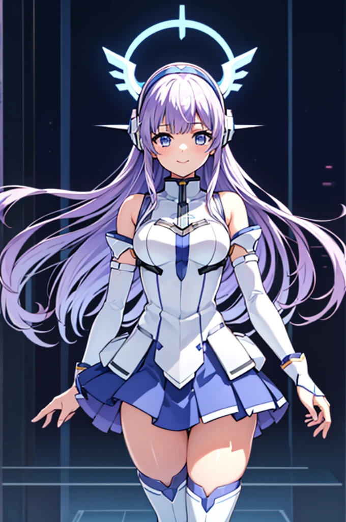 Mecha Wings、White and blue skirt、Accentuated thighs、White tights、chest、Beautiful light purple hair、1 girl、solo girl、Thick thighs、is、Frame Arms Girl、Alice Gere Aegis、White Armor、Blue and purple lines、income、headphone、hand on own chest、smile