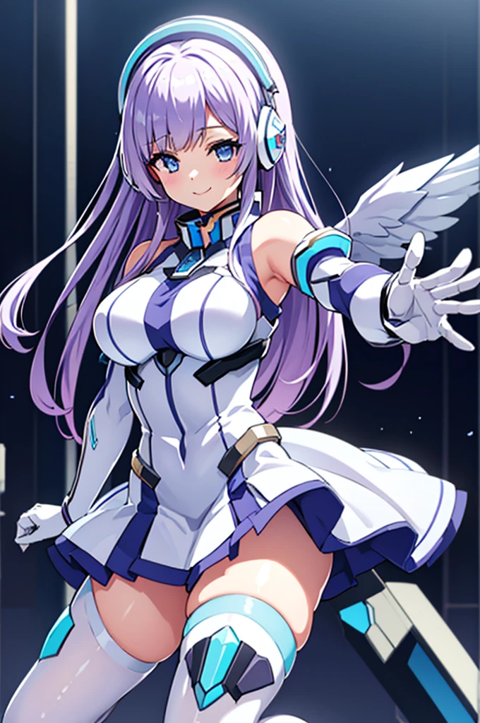 Mecha Wings、White and blue skirt、Accentuated thighs、White tights、chest、Beautiful light purple hair、1 girl、solo girl、Thick thighs、is、Frame Arms Girl、Alice Gere Aegis、White Armor、Blue and purple lines、income、headphone、hand on own chest、smile