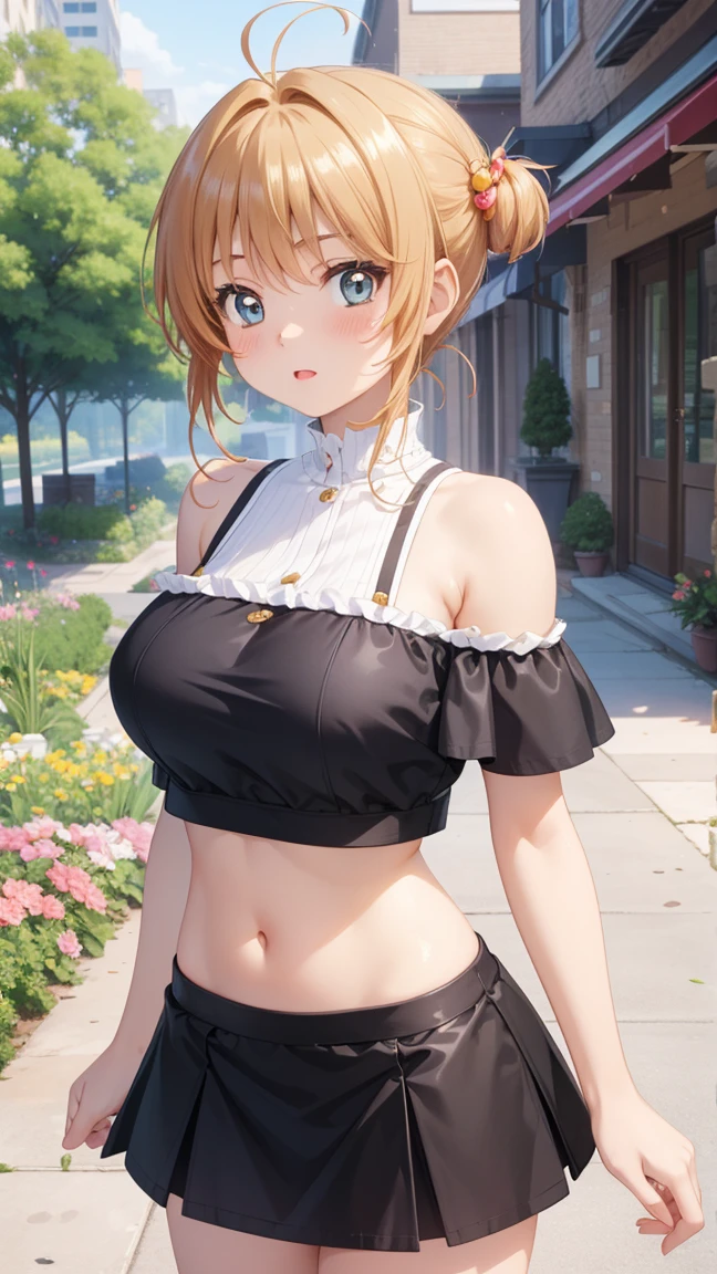 masterpiece, best quality, highres, 1girl, detailed face, blush, anime CG style, large breasts, (18 year old girl:1.3), (aged up), good lighting, perfect body, sakura kinomoto, glossy lips, city, garden, crop top, off the shoulder, miniskirt