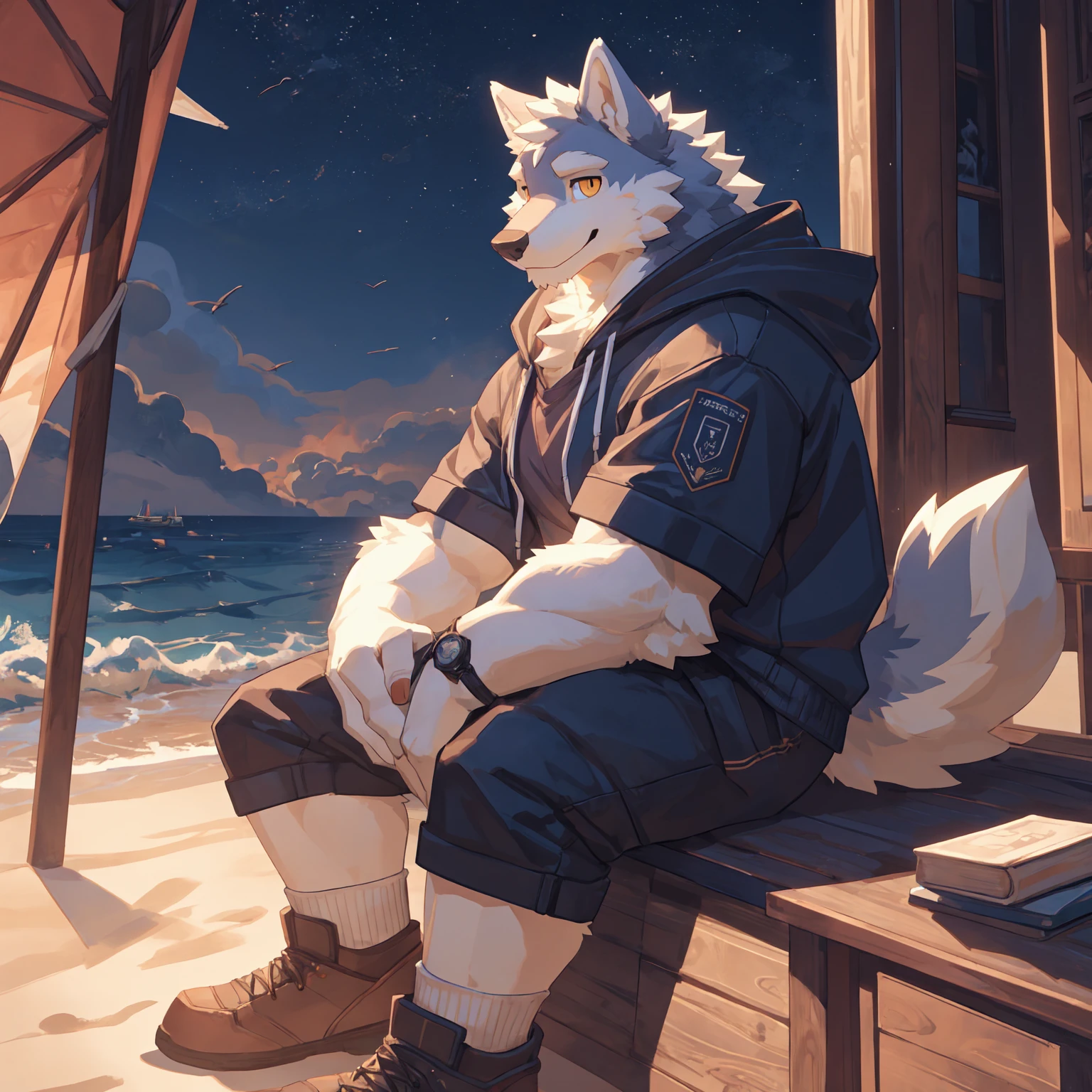 Best quality, Professional, Vivid Colors, full body, establishing shot, full body,

wolf, Muscular male, kemono, by bigcozyorca, Solo, grey Fur, white body, golden eyes, pectorals, (detailed face, detailed eyes:1.5),  

open hoodie, shorts, white socks, joyful smile, sitting on beach, besides sea, (Profile view:0.8), at dawn, the first light of dawn, soft light, gentle sea waves,

Ray tracing, detailed shadow,