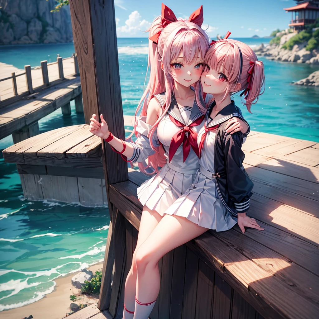 Kisara | Kiss of the Contract | kisara (Engage Kiss) teeth、anime、character、girl、anime,1girl kisara hair ribbon、Gray sailor suit, red ribbon, white skirt、smile,美しいgirl,Pink Hair,Bandage leg