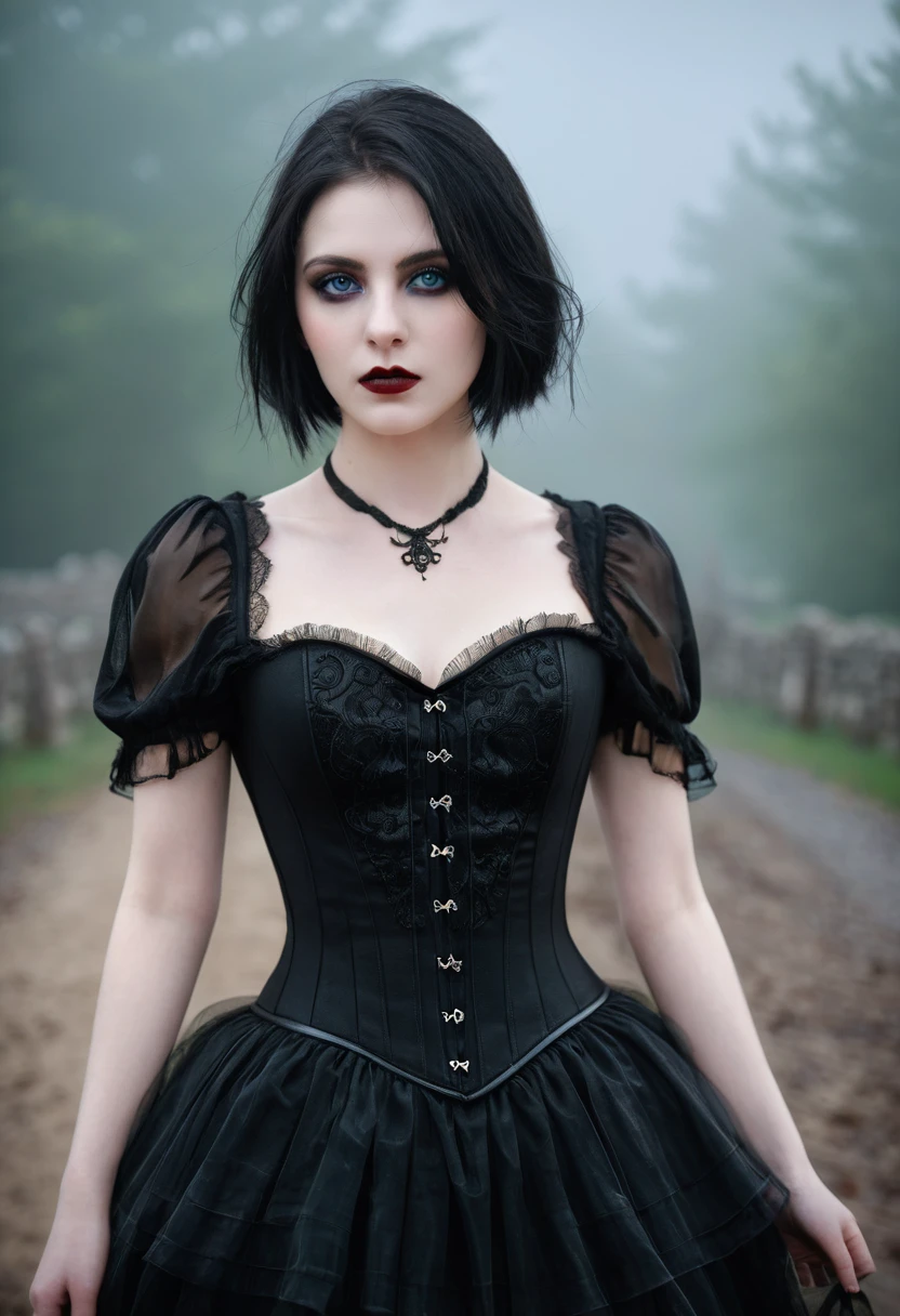 Victorian Vampire cherrynobodysd15 Award-winning RAW color photo+ Wearing a black dress with leather corset, Dark and foggy village, Night ominous dark omen, mist, moonlight, Vivid and charming eyes, Pale skin, (Black Hair)+, Shallow depth of field, High contrast, Backlight, bloom, Chromatic Aberration, Smooth, Clear focus, Shoot with a mirrorless camera