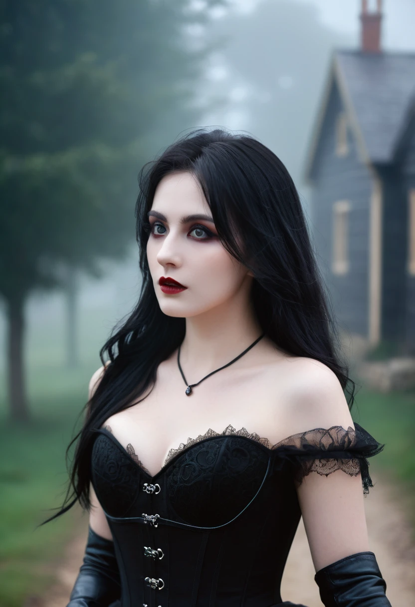 Victorian Vampire cherrynobodysd15 Award-winning RAW color photo+ Wearing a black dress with leather corset, Dark and foggy village, Night ominous dark omen, mist, moonlight, Vivid and charming eyes, Pale skin, (Black Hair)+, Shallow depth of field, High contrast, Backlight, bloom, Chromatic Aberration, Smooth, Clear focus, Shoot with a mirrorless camera