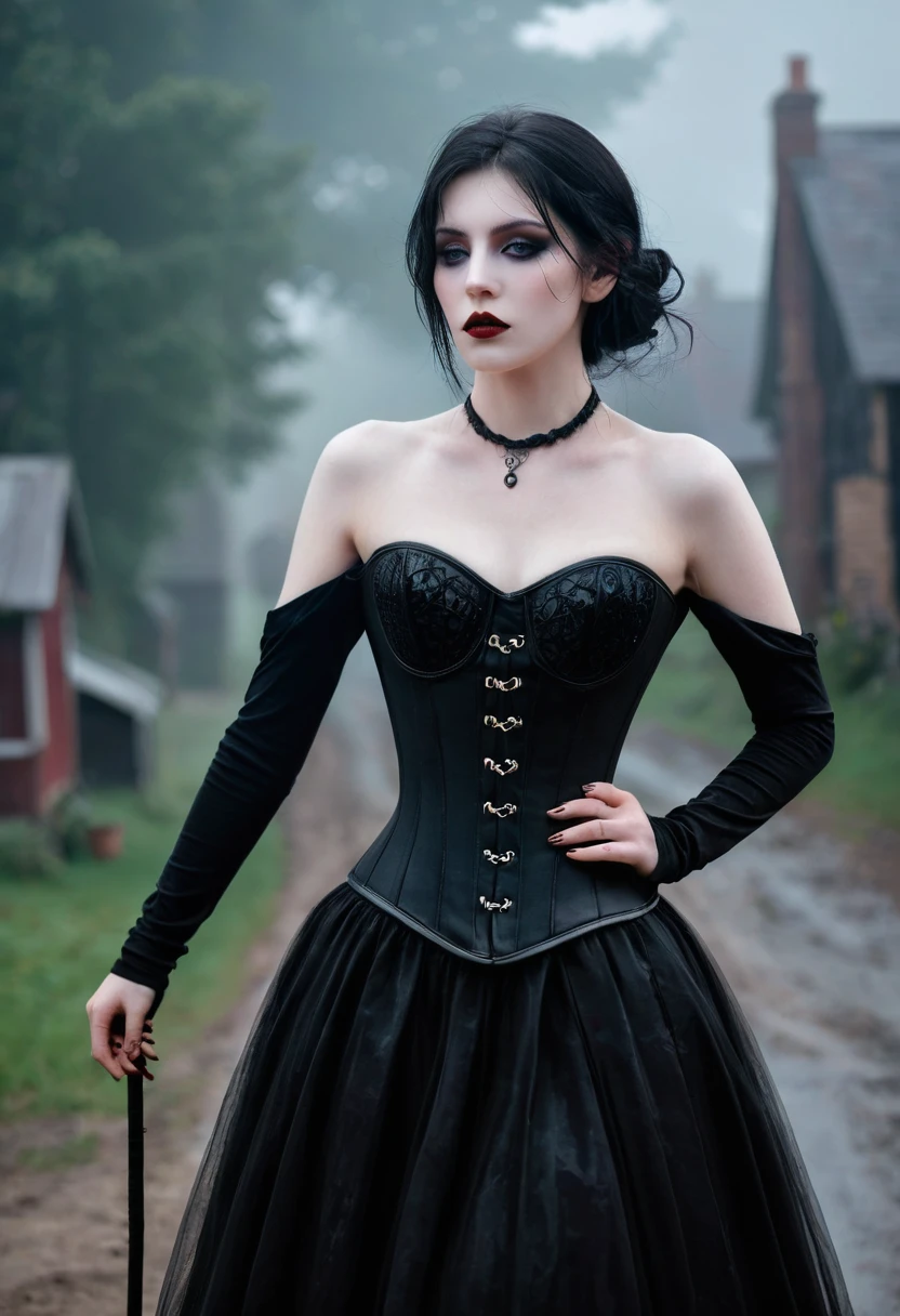 Victorian Vampire cherrynobodysd15 Award-winning RAW color photo+ Wearing a black dress with leather corset, Dark and foggy village, Night ominous dark omen, mist, moonlight, Vivid and charming eyes, Pale skin, (Black Hair)+, Shallow depth of field, High contrast, Backlight, bloom, Chromatic Aberration, Smooth, Clear focus, Shoot with a mirrorless camera