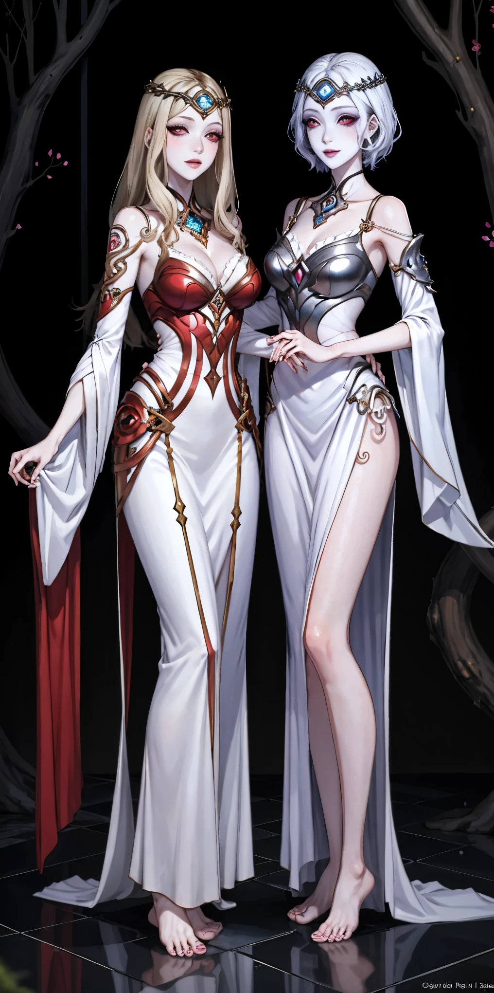 Body position: Standing, straight, symmetrical, barefoot, Lustful smile on face with red blush, 2 girls like Cassia Orsellio white pale skin with red eyes