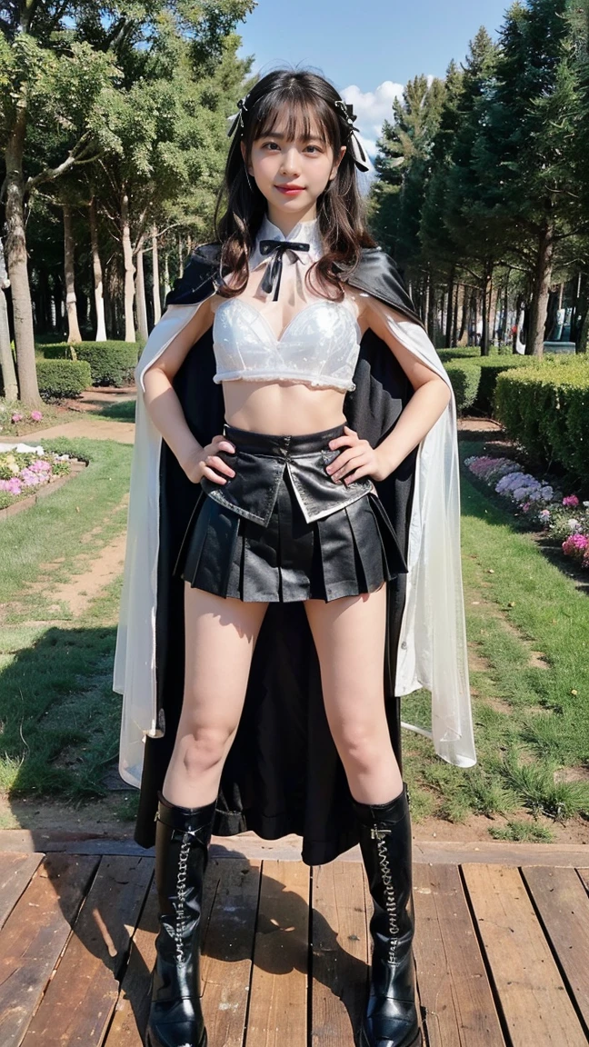 (8K、RAW Photos、Highest quality、masterpiece:1.2)、(Highest quality、Realistic)、1 Girl、((Tube top、mini skirt、Idol Costume、Cape、ribbon、Medium Hair、See-through、smile、Silver and Black、Thin legs、whole body、boots、garden、View from the front、Looking into the camera、Stand with hands on hips))、cute
