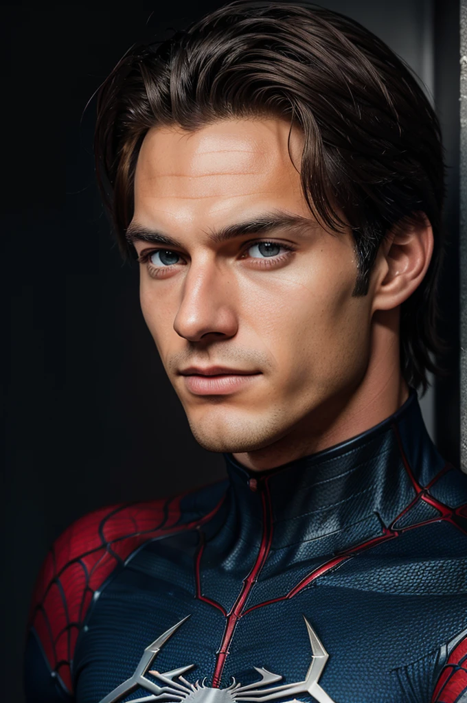 A photograph of spider man, no mask, 20 yo, handsome, detailed face, looking at camera, portrait, 8k uhd, high quality