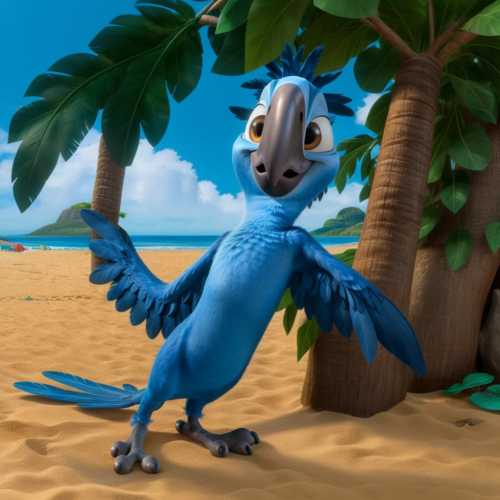 Nsfw, rio movie, Tiago a male Spix macaw, leaning against a Palm tree, Copacabana beach, tapering penis and testicles, arms crossed, smug face, looking at viewer, smiling, daytime