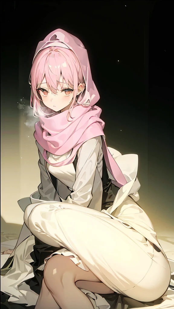 Create an anime-style image featuring a serene, composed female character with a soft and mysterious expression. She is wearing a light pink hijab that wraps around her head and shoulders, contrasting with her beige and brown attire. She is seated gracefully on a smooth surface, with her legs folded beneath her, and the folds of her clothing creating gentle curves. The background is dark and minimalistic, allowing the character to stand out, illuminated by a soft, ambient light. The overall mood of the image is calm and contemplative.
