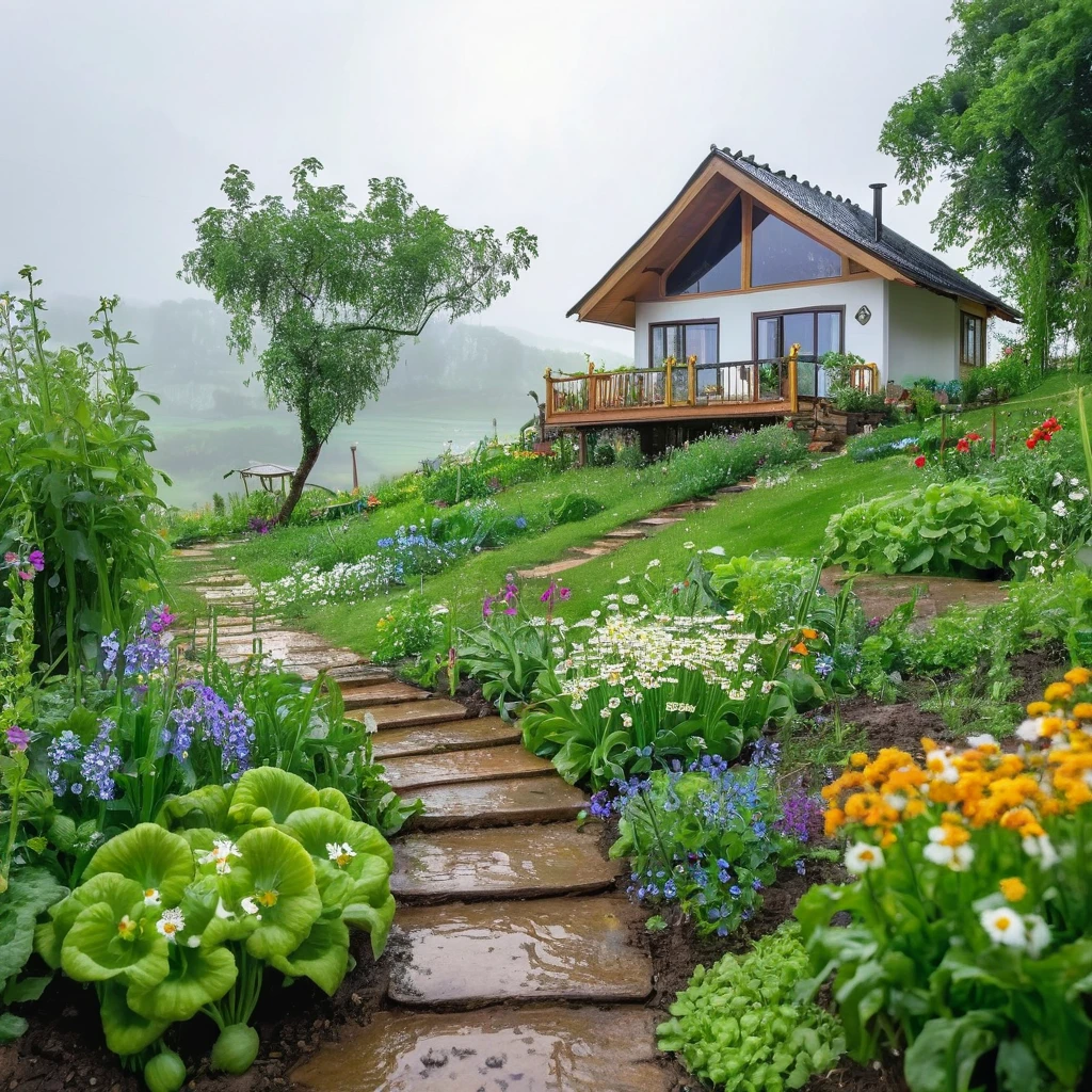 view from far, cottage, the sacred symbol of nature, A straw house on the hill (stilt house), garden around the house with vegetables, A pathway to the house with many flowers, white daisy, violets, bluebottles. In front of the house is a valley with vegetables. scenery, a rainy day