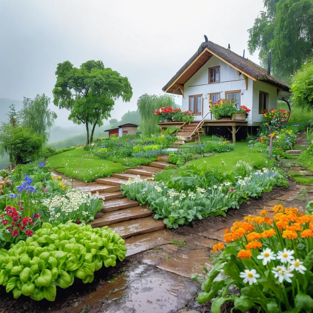 view from far, cottage, the sacred symbol of nature, A straw house on the hill (stilt house), garden around the house with vegetables, A pathway to the house with many flowers, white daisy, violets, bluebottles. In front of the house is a valley with vegetables. scenery, a rainy day