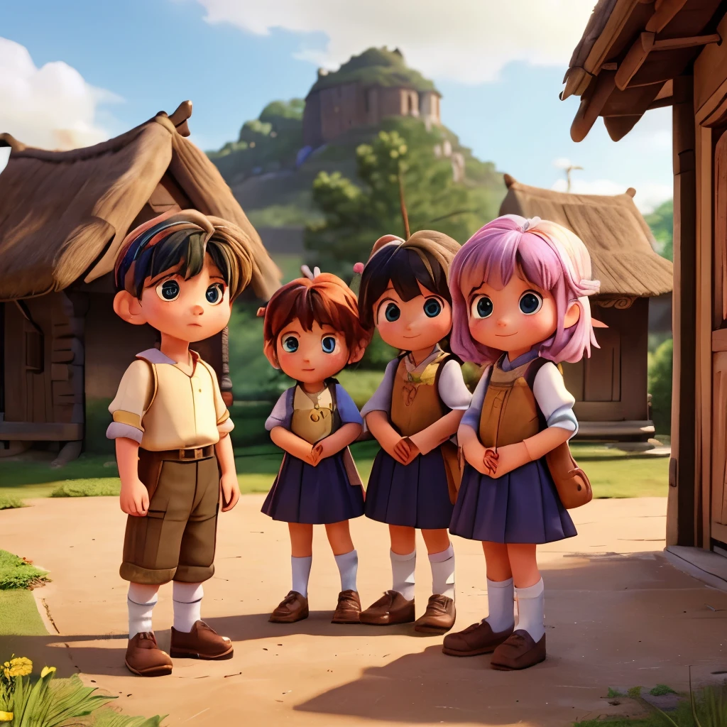 Highest quality、((Many cute boys and girls in the village))、Six with different hair colors are talking