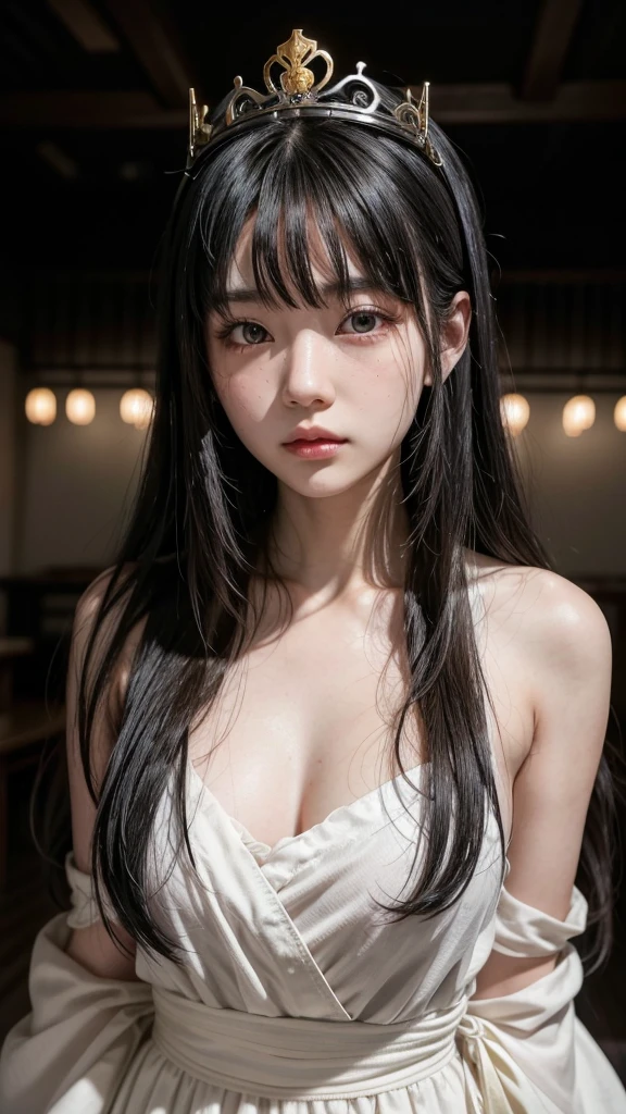 Raw photo, 8K, (highest quality), Realistic, (Real Picture, Intricate details), (Natural skin texture, Fine skin, Hyperrealism, sharpness), (A -yeld Jaese girl taking a selfie), (Pale skin:1.2), Slender body, (((((Nogizaka46, Saito Asuka,.Black Hair、Blunt bangs,sex ,from Behind))))), (Fascinating face, Provocative look, Parted lips:1.3, eye shadow, eyeliner, Tear bags:1.2, Red Lip, Circles under the eyes), A shy smile, Medium breast,Detailed nipples,topless