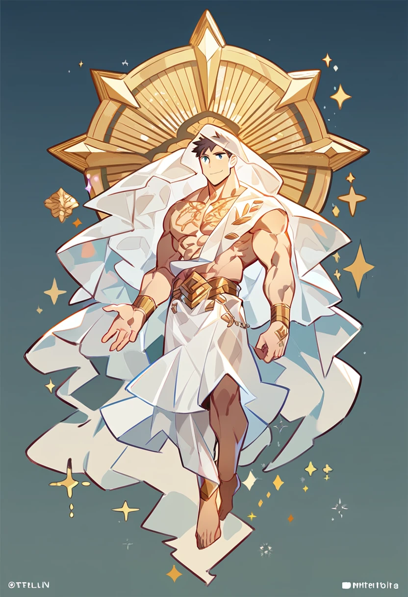 ung man, focus man ,smile , angel , Totally naked, wearing a transparent robe with thin gold embroidery. , Wearing a black transparent veil , show muscles ,Floating in the cloudy sky , full body, Intricately detailed background with stars