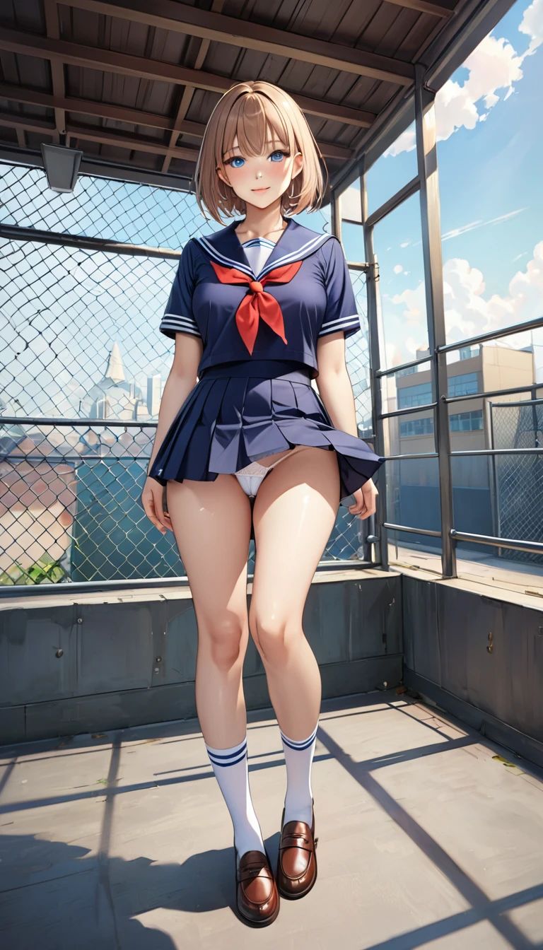 (((Perfect Anatomy, Anatomically correct, Very detailed肌))), ((Pull down your panties)), 1 Girl, Japanese, high school girl, Shiny skin, Observe your audience,
Beautiful Hair, Beautiful Face, Beautiful attention to detail, (short hair:1.1, Bobcut:1.2), Dark blonde hair:1, blue eyes, , Mole under the eye,
Beautiful clavicle, Beautiful body, Beautiful breasts, Large Breasts:0.5, Beautiful thighs, Beautiful feet,
((Short sleeve, Cute navy blue sailor suit, Dark blue pleated skirt, Navy blue sailor color, Sailor scarf, socks, Brown Loafers)), Captivating thighs, (Red Slave Collar),
((, Embarrassing, , , )), Are standing,
(Beautiful views), summer, School rooftop, building, Chain link fence,
8K, Highest quality, Masterpiece:1.2, Very detailed), (Realistic), Beautiful illustrations, Natural light, ,