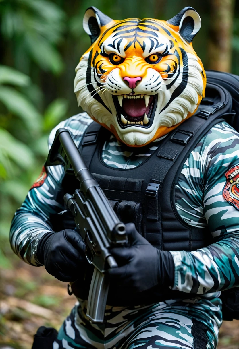 (a dark-skinned fat old man in a bulky camouflage zipper diver suit) shooting with a gun and (wearing roaring siberian tiger mask that show the wearer eyes), muscular, Basuki Abdullah, sumatraism, action, a character portrait, heroic, fierce, snarling
