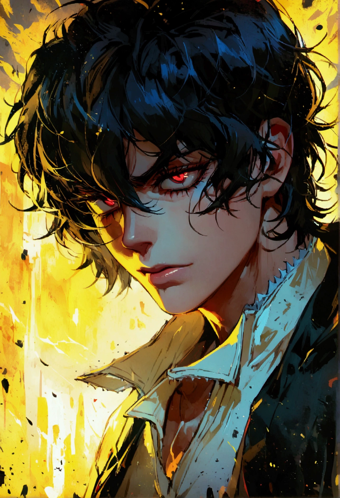 Akira Fudo, Devilman Crybaby, Male, with black clothes, background yellow
