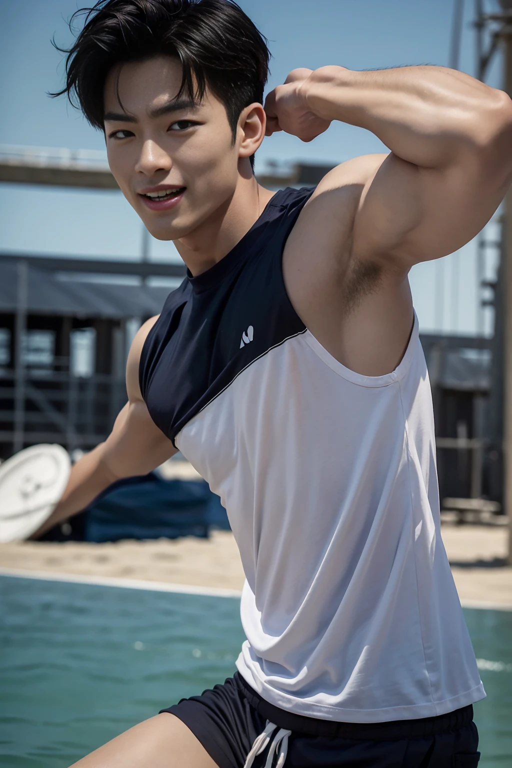 (Create a masterpiece: 1.2),(CGI art:1.3),(realistic:1.5),(After processing:1.3), (Sharp focus:1.3), 1 man, open mouth, smile, (Navy blue round neck shirt), shorts, Korean people , korean men, (high glossy details), chest muscles, large arm muscles, blood vessel, big muscles, Broad shoulders, looking at the audience, Balancing the eyes, By the sea, beach, sunlight, run towards the camera