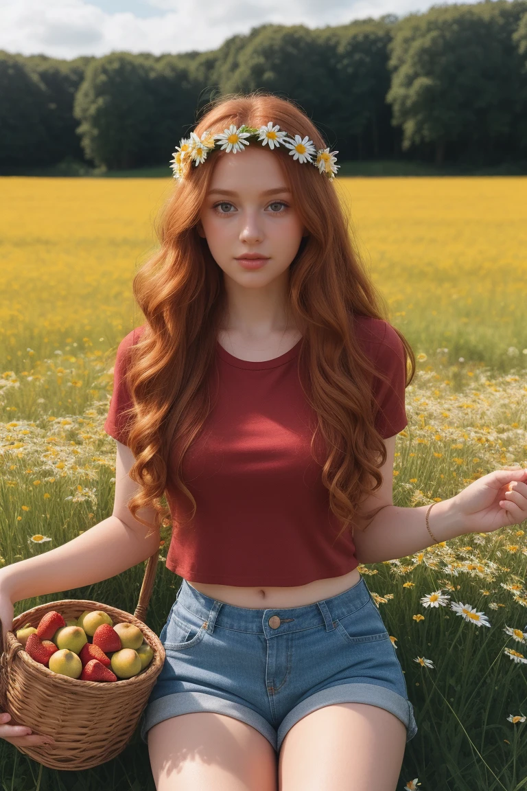 (girl:1.2),alone, (long ginger curly hair:1.1), brown eyes, Wearing a daisy wreath on your head, Sit in a daisy field, (fruit basket:1.1), blue shorts, red shirt,,raw,photographic,photo shadows,actual,Ridiculous,Aesthetic,elegant