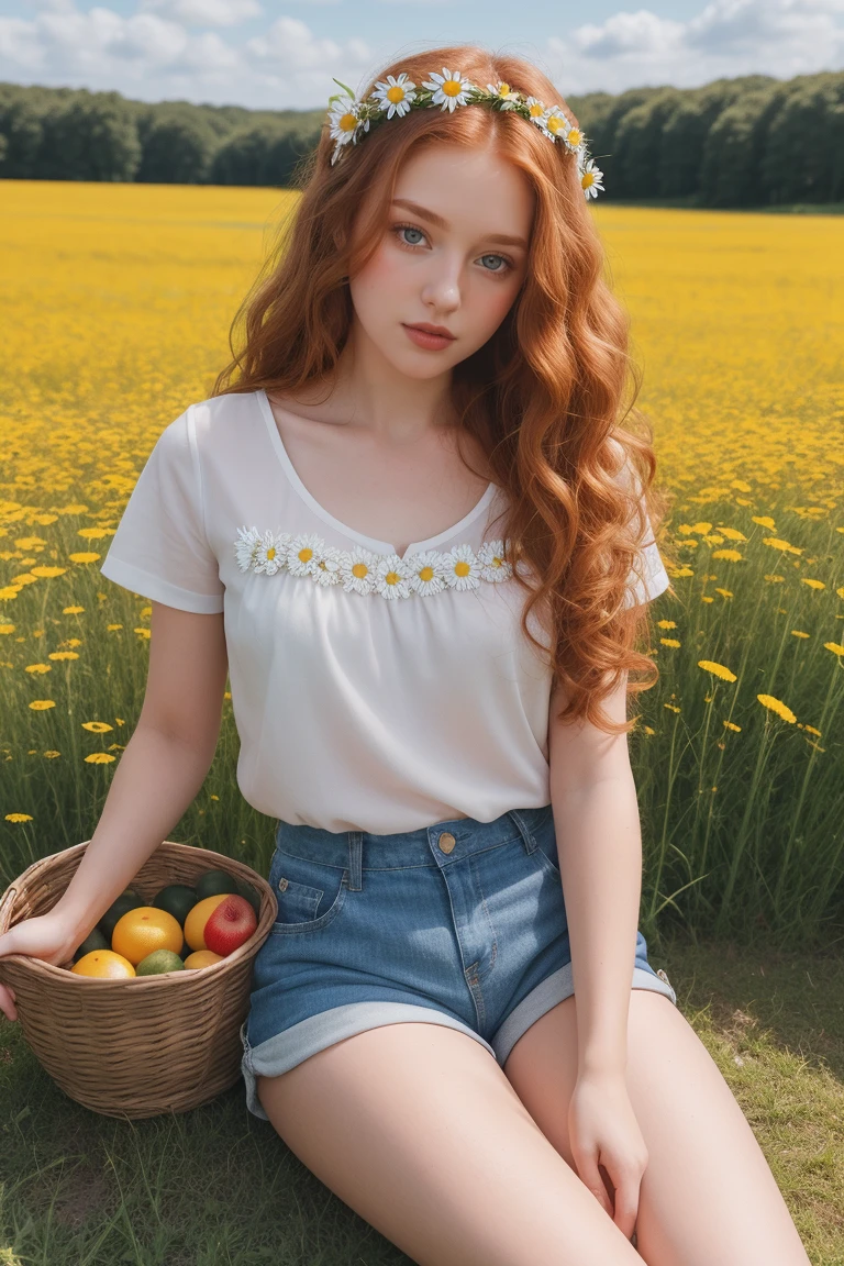 (girl:1.2),alone, (long ginger curly hair:1.1), brown eyes, Wearing a daisy wreath on your head, Sit in a daisy field, (fruit basket:1.1), blue shorts, red shirt,,raw,photographic,photo shadows,actual,Ridiculous,Aesthetic,elegant