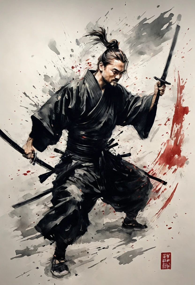Ink painting,１color,whole body,smile,Leonardo DiCaprio,Medium Hair,Samurai,Black kimono,(haori),(Intense sword fighting scene with outstretched arms),Drawing strokes drawn with rot ring 0,Dynamic movement and powerful brushstrokes、splash,