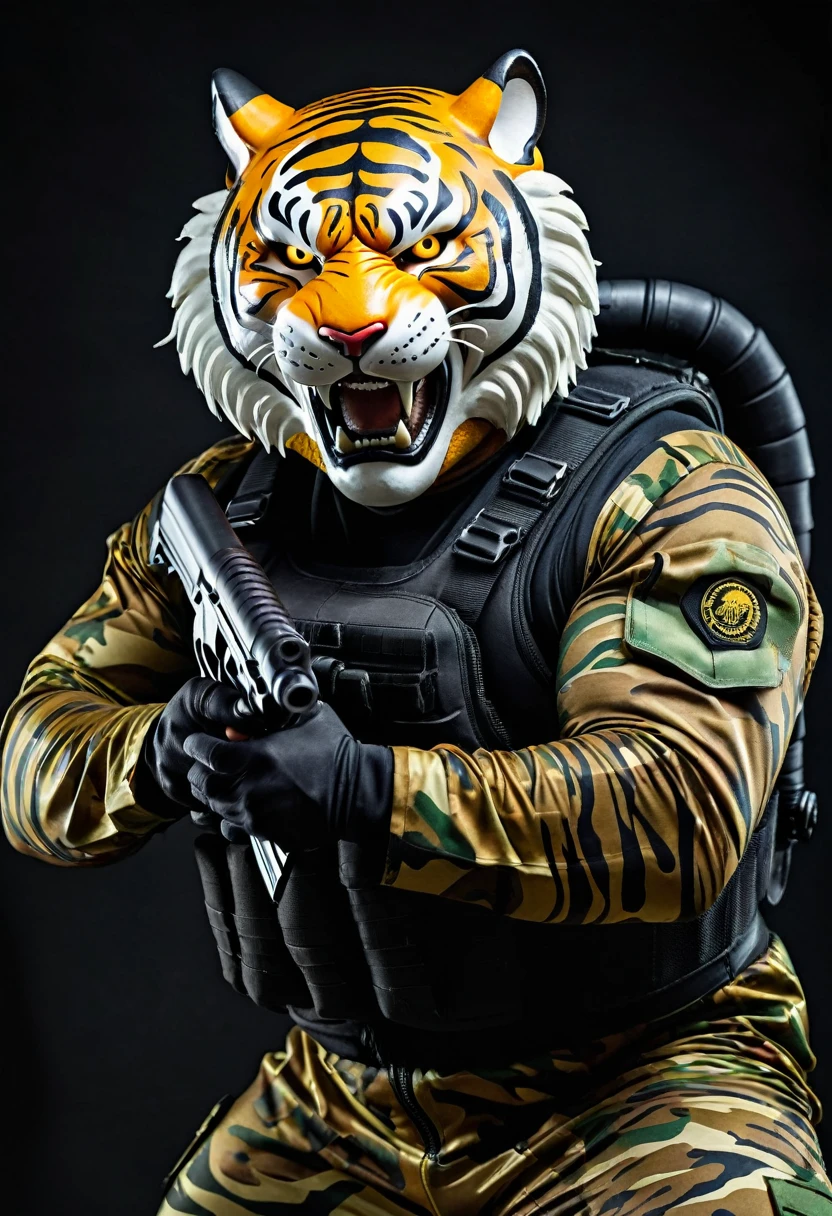 (a dark-skinned fat muscular old man in a bulky camouflage zipper diver suit) shooting with a gun and (wearing roaring siberian tiger mask that show the wearer eyes), muscular, Basuki Abdullah, sumatraism, action, a character portrait, heroic, fierce, snarling