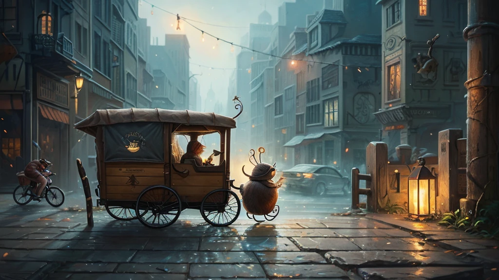 Stunning image of a cute, adorable snail delivering mail. The scene is moody, grainy, and noisy, inspired by detailed fantasy art and digital illustration. 