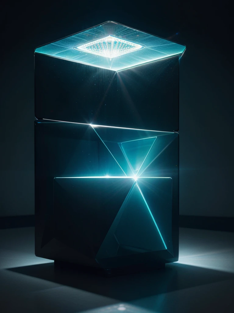 there is a light that is shining on a table, cyan dimensional light, futuristic lighting, cinematic counter light, solid cube of light, volumetric lighting futuristic, futuristic dramatic lighting, lit. 'the cube', vaporwave lighting, oled lights in corners, tesseract, optical caustic lighting, the tesseract, light coming from crt monitor