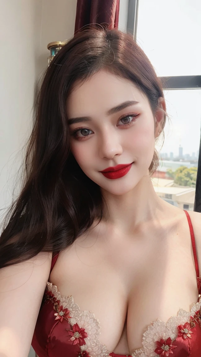 instagram photo, closeup face photo of 23 y.o Chloe in kebaya, Red Lipstick, sensual Lipstick, Sensational Make Up,  cleavage, pale skin, (smile:0.4), hard shadows, White G-STRING, bright lighting 