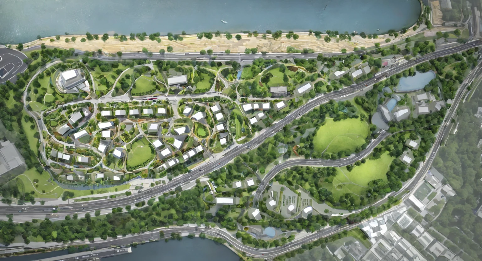 ((Site Plan)), (masterpiece),(high quality), best quality, epic realistic,,(realistic), super detailed, (full detail),(4k),8k,scenery, , tree, river, road,car,parking slot, park, , no shadow, cinematic, hdr,