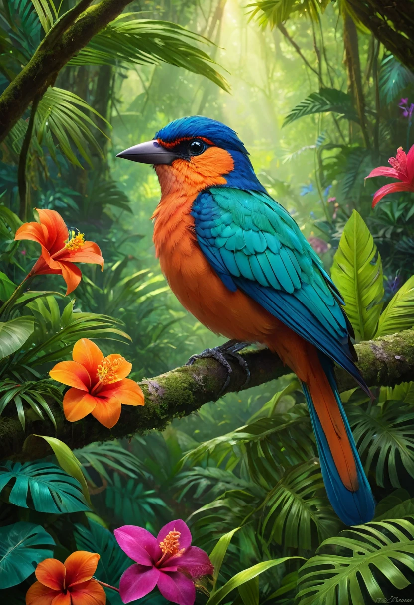 A vibrant, exotic bird perched on a branch in a lush, tropical rainforest, surrounded by vividly colored flowers and foliage. The style is digital art by Elara Mivon, characterized by rich, saturated colors and a slightly surreal, dreamlike quality, enhancing the natural beauty and mystery of the scene. The bird's feathers are a kaleidoscope of colors, shimmering in the dappled sunlight filtering through the canopy above, creating an image that is both captivating and mesmerizing.